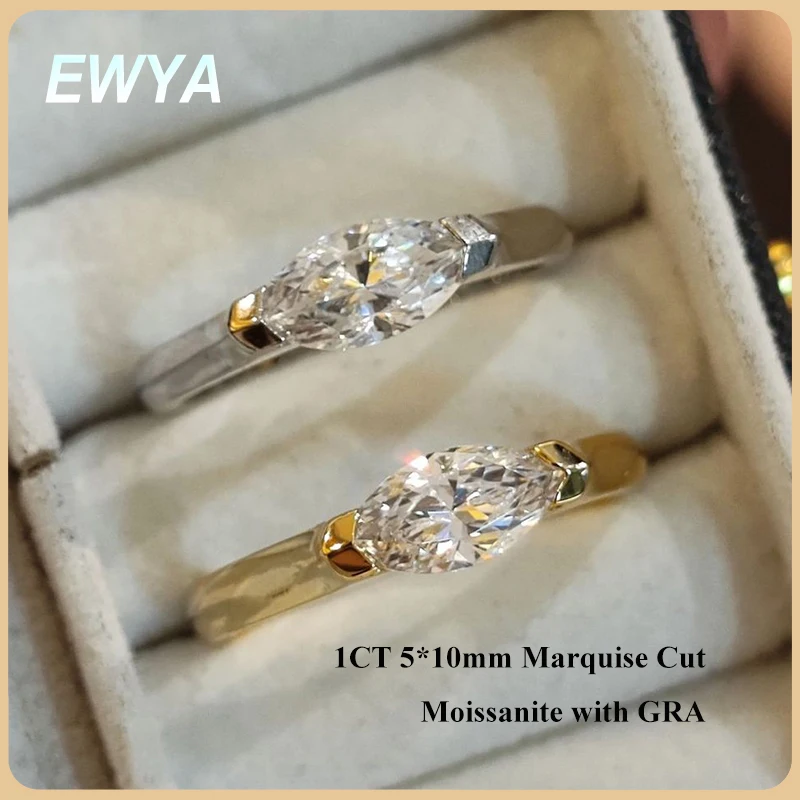 

EWYA 1CT Marquise Cut Moissanite Solitaire Ring For Women 925 Silver GRA Certified Diamond Wedding Band Party Bridal Rings Gift