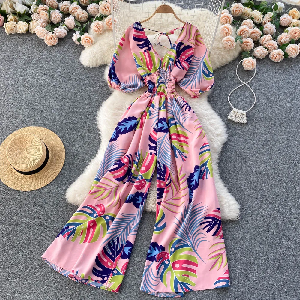 Casual Chiffon Print Jumpsuit Women V-Neck High-Rise Rompers Playsuits Holiday Trendy Wide-Leg Pants Summer One-Piece Outfits