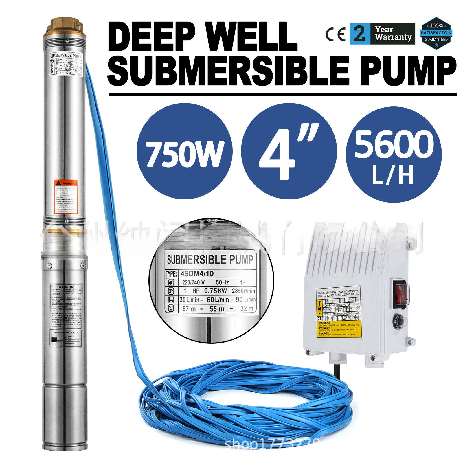 4 Inch 0.75KW SST Deep Well Pump 220V Submersible Pump 1HP Vane Pump