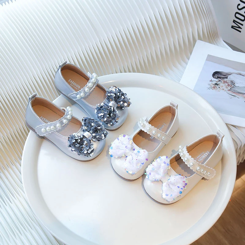 New Children Mary Janes for Party Wedding Shows Girls Flats Shiny Sequin Bow Round-toe 2025 Kids Shoes Non-slip PU Leather Shoes