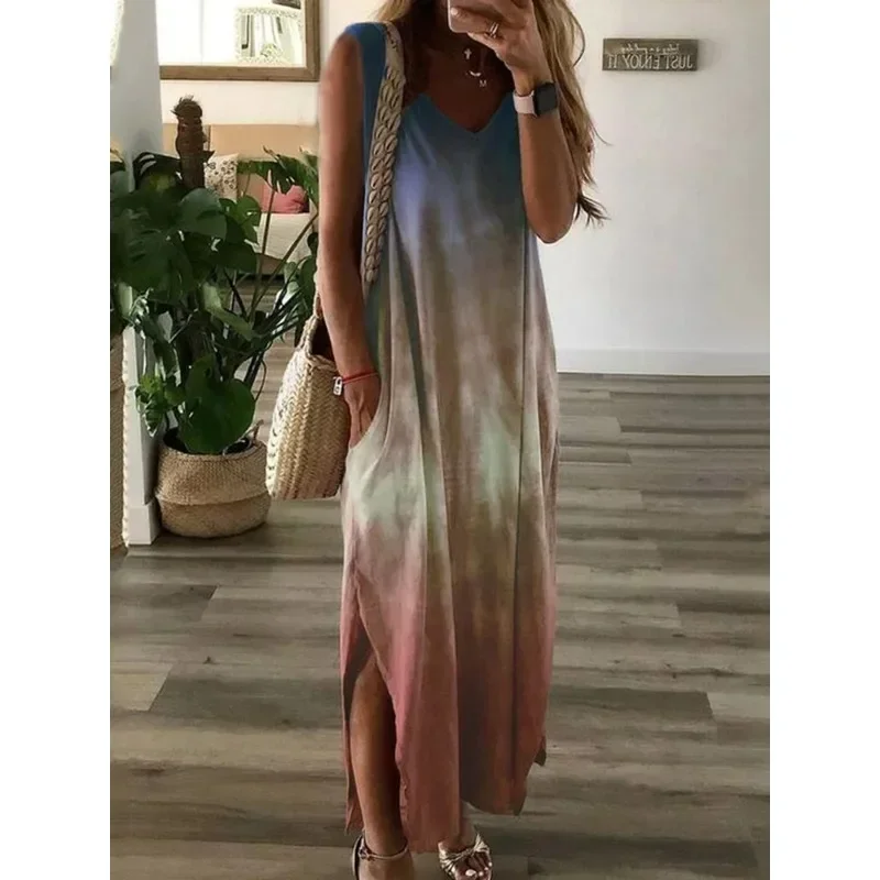 Summer Women\'s  Fashionable Women\'s Gradient Tie Dyed Printed Split Long Dress Casual V-neck Sleeveless Loose Long Dress