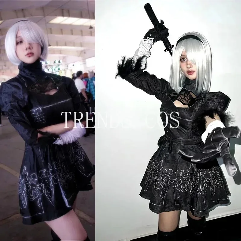 A Loving Family 2B Cosplay Costume Game YoRHa No. 2 Type B 2B Black Uniform Big Size 2B Dress with Eyemask Gloves 2025 New