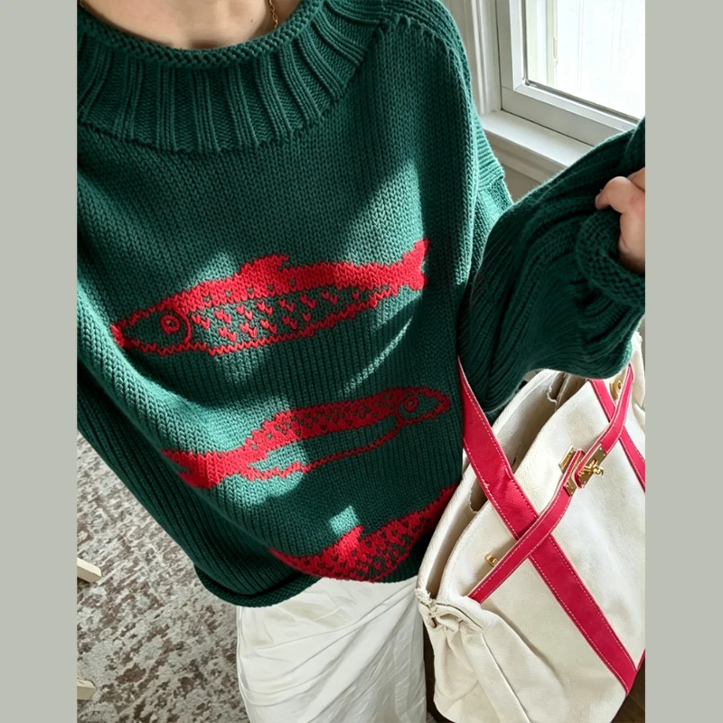 Damenpullover mit Fischmuster, gestrickter Pullover, Herbstmode, Rollkragenpullover, langärmelig, mit Paneelen, Oversize-Strickware, schick, neues Party-Outfit. – Detail 7
