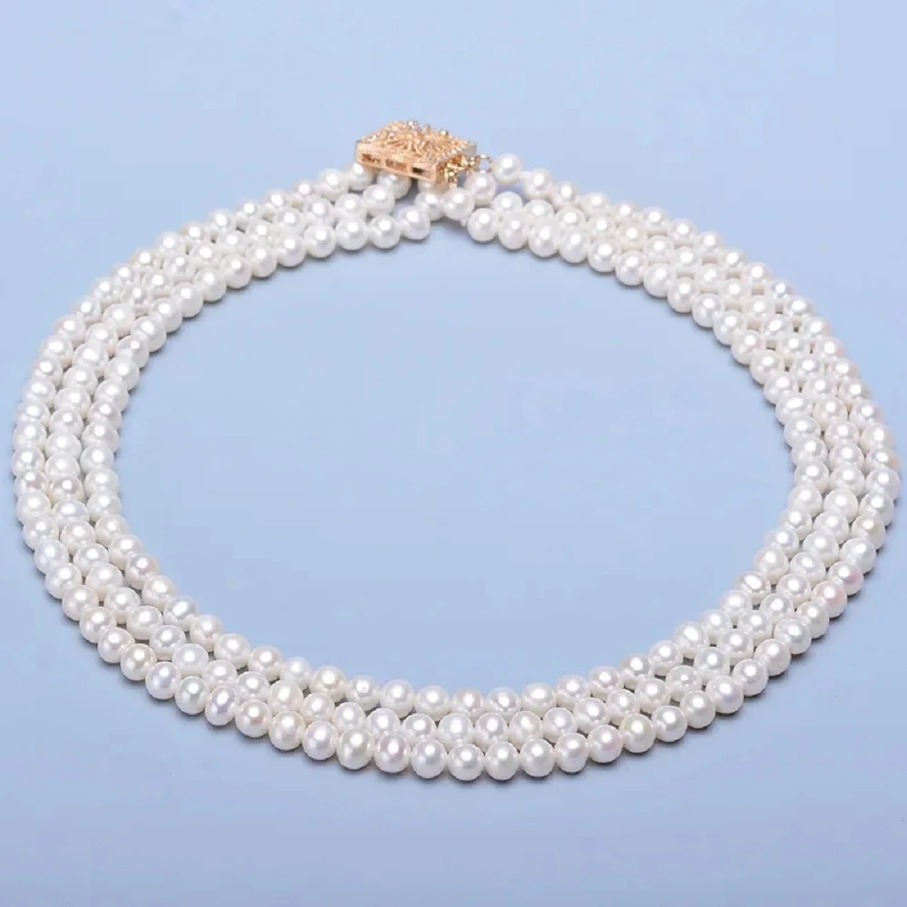 

3-рядное жемчужное ожерелье AAAA 5-6 мм, белое натуральное японское круглое жемчужное ожерелье 925S.16-19-20 дюймов