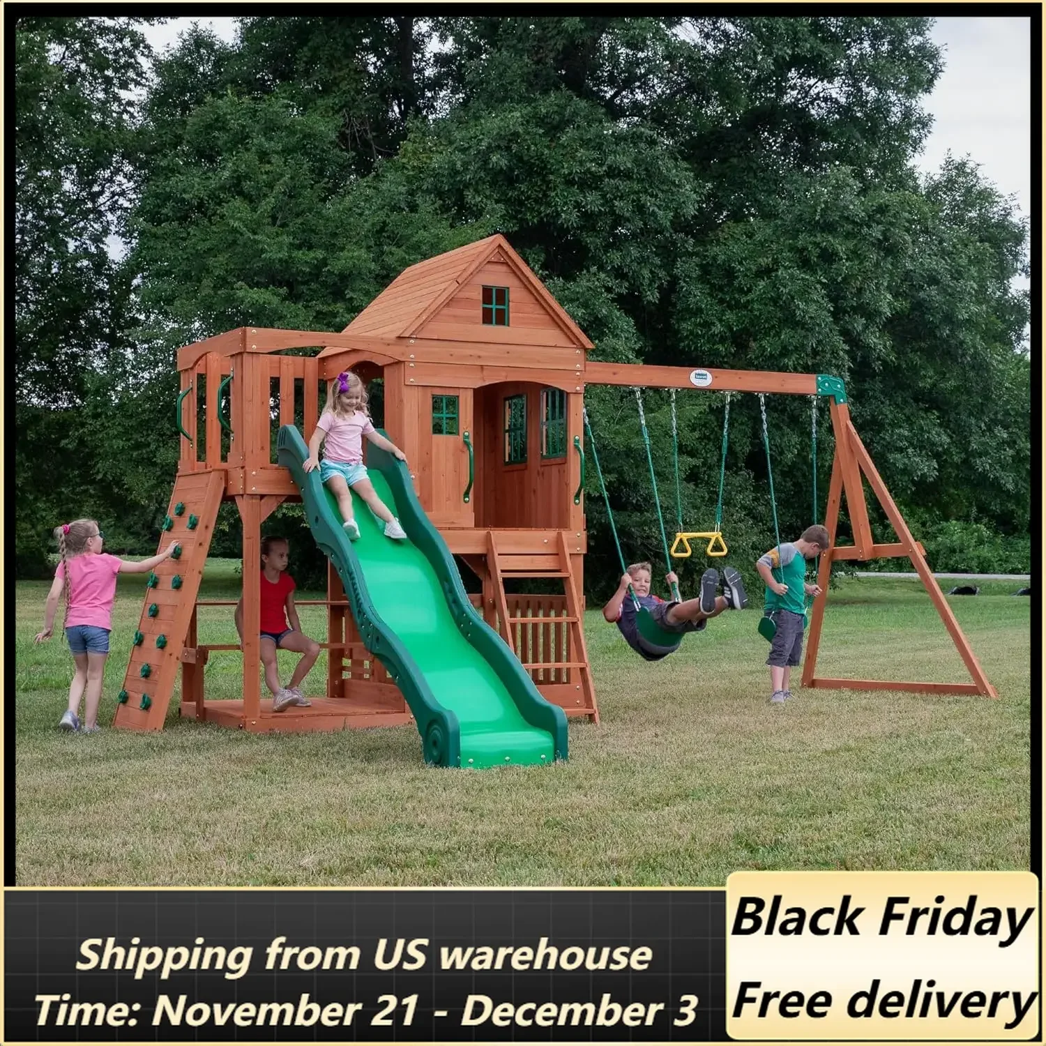 Hillcrest Cedar Wooden Swing Set, Upper Fort, Lower Playhouse, Slide, Swings, Acrobat Bar, Rock Wall