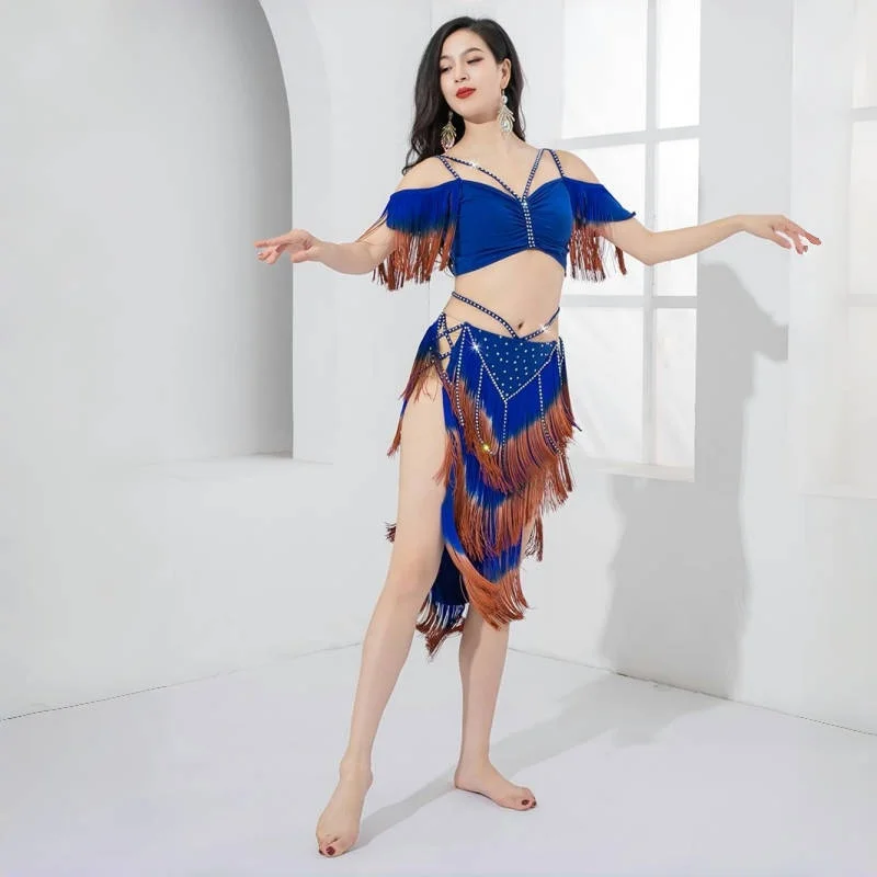 

Women Oriental Dance Clothing Belly Dancing Performance Set Customized Light Luxury Rhinestone Top+Sexy Split Tassels Skirt 2pcs