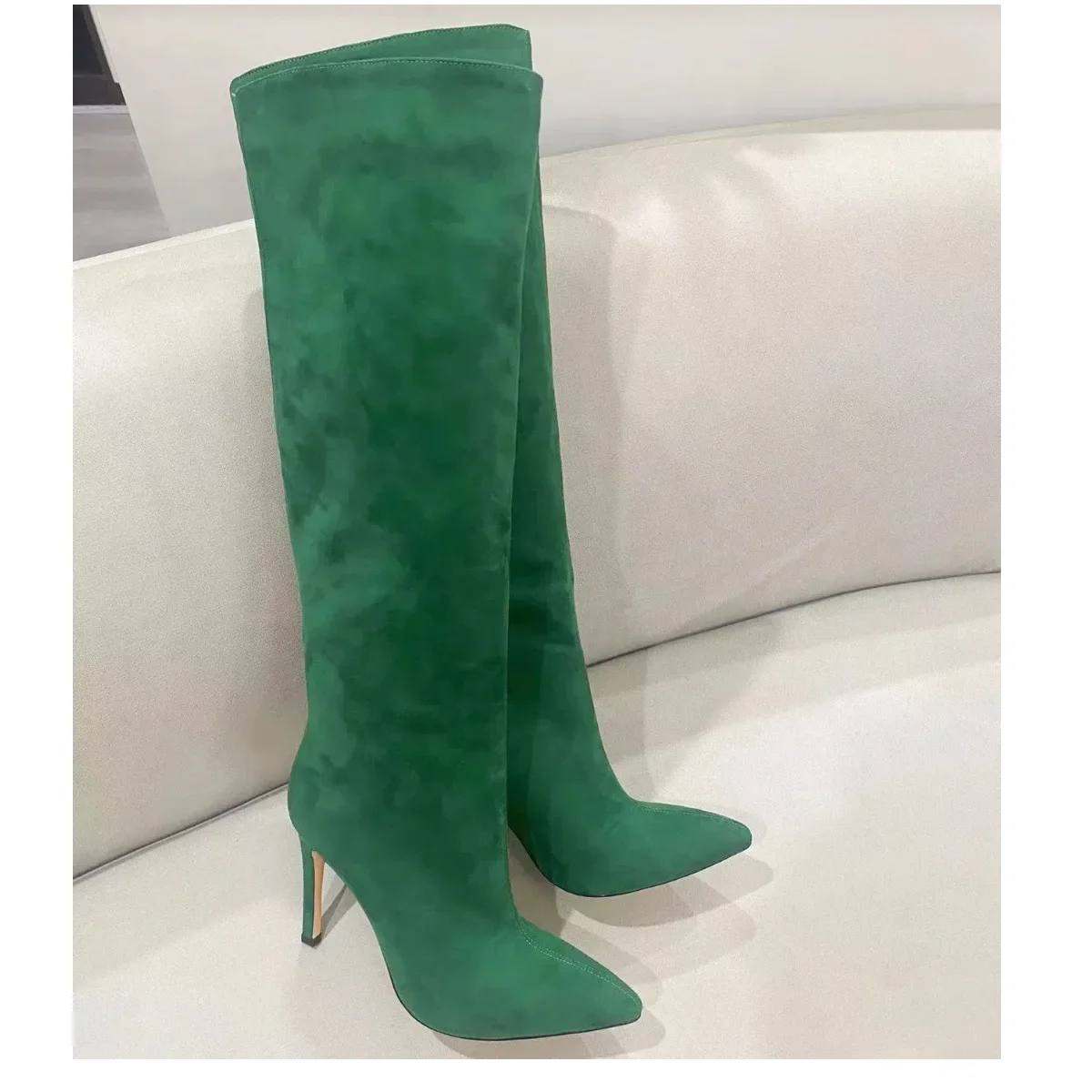 

Hemegot Black Green Blue Solid Color Flannel Long Boots For Women Knee-High Pointed Toe Slip On Botas Largas De Mujer High Heels