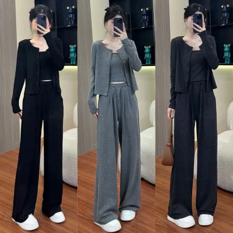 Lazy Relaxing Sports Leisure Set for Women Spring Autumn New Loose Open Top Straightening Strap Wide Leg Pants Three Piece Set