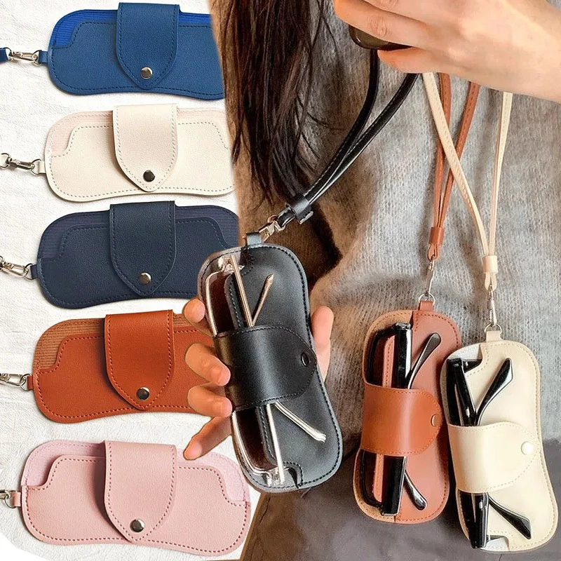 

Portable Sunglasses Bags with Wristband Neck Strap Women Retro PU Leather Glass Case Eyewear Pouch Box Glasses Storage Pendant