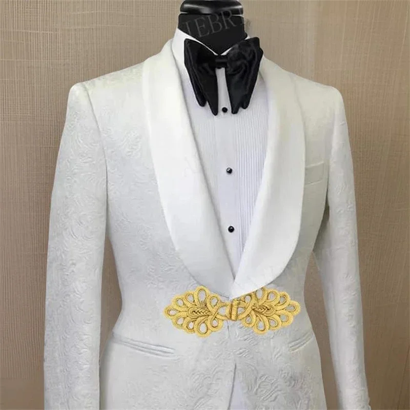 Men Suit Jacket with Gold Mandarin Button 1 Pc Floral Wedding Blazer Shawl Lapel Slim Fit Fashion African Style Male Suit Jacket