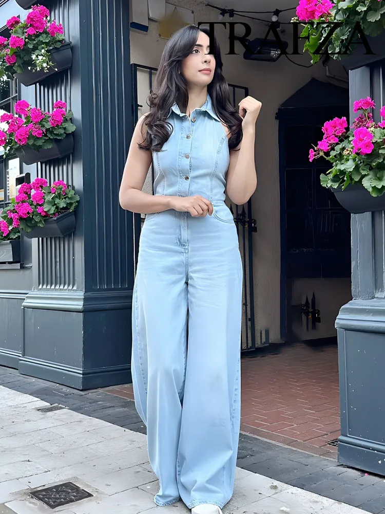 ​​TRAFZA Summer Fashion Women Jumpsuit Denim Blue Sleeveless Backless Pockets Single Breasted Female High Street Jumpsuits