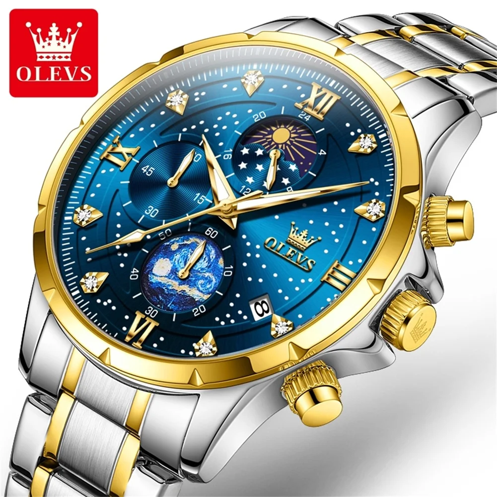 

OLEVS Brand Fashion Quartz Watch Men Stainless Steel Waterproof Luminous Date Week Luxury Moon Phase Watch for Men Casual Clock
