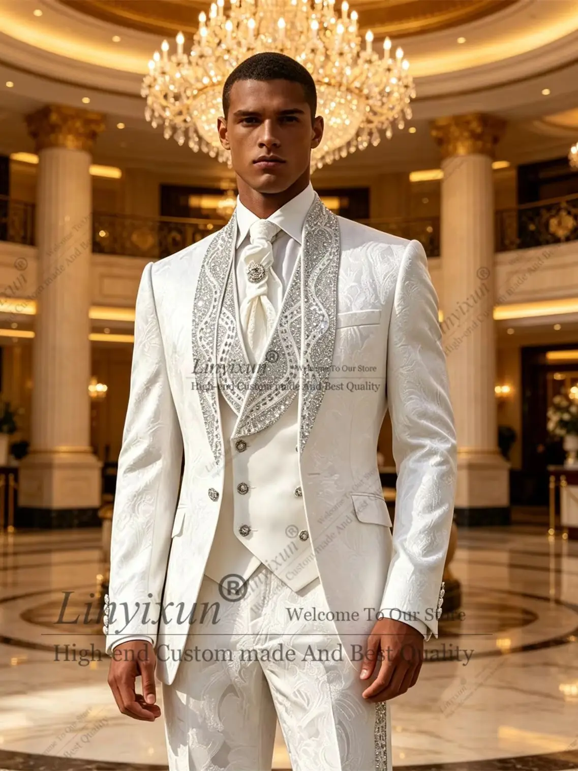 Jacquard Design Beaded Suit Men For Wedding Single Breasted Slim 3 Piece Groom Tuxedos Male Outfits Prom Blazers Customized