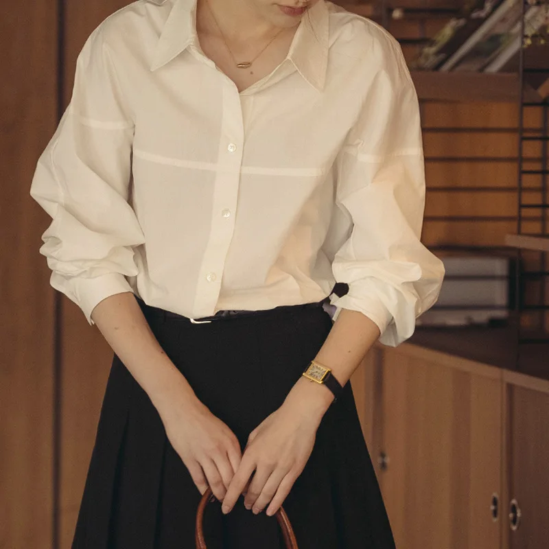 

Female 100% Cotton Formal Shirt Autumn Clothing Commuter Tops Turn-down Collar Single-breasted White Shirt Women Top Streetwear