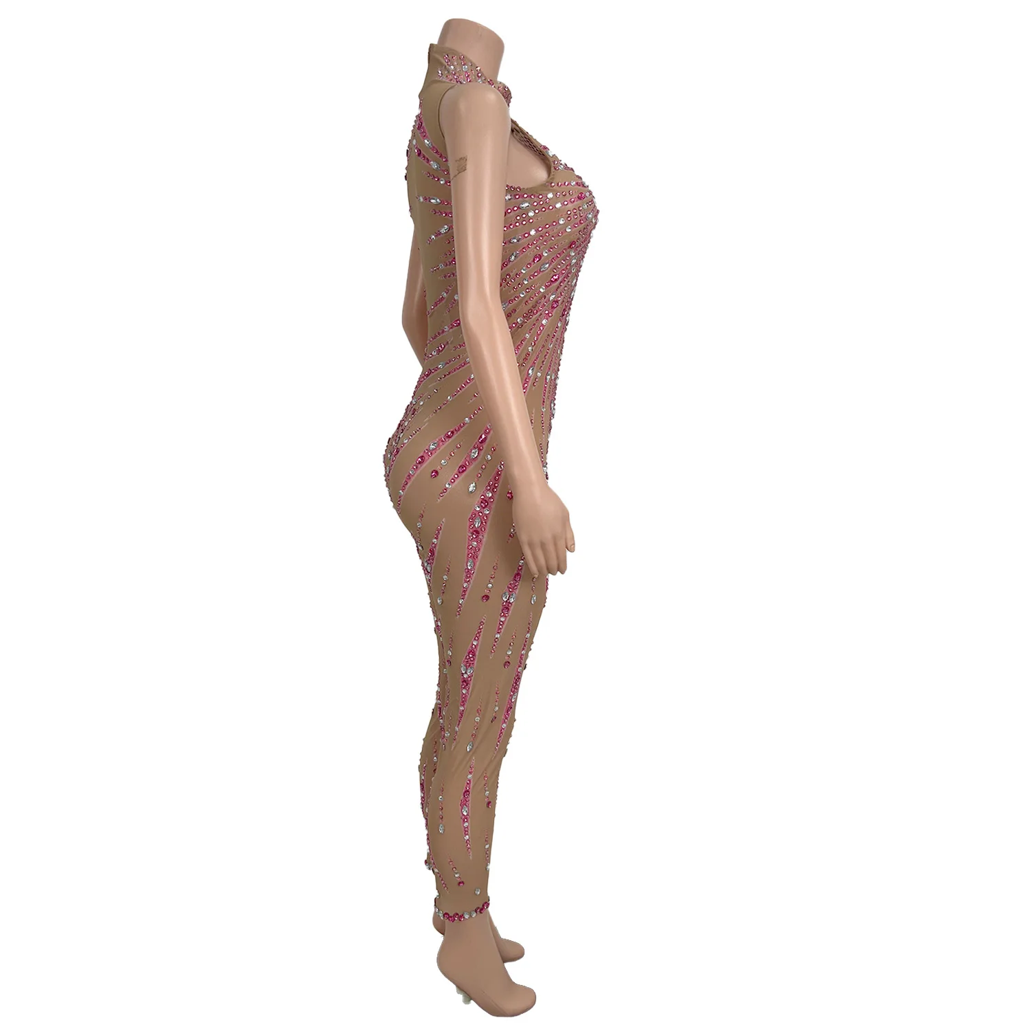 High-end Streamer Theme Party Night Out Outfit Sparkly Rhinestone Tight Fitting Jumpsuit See Through Mesh Show Sexy Wear Fengye