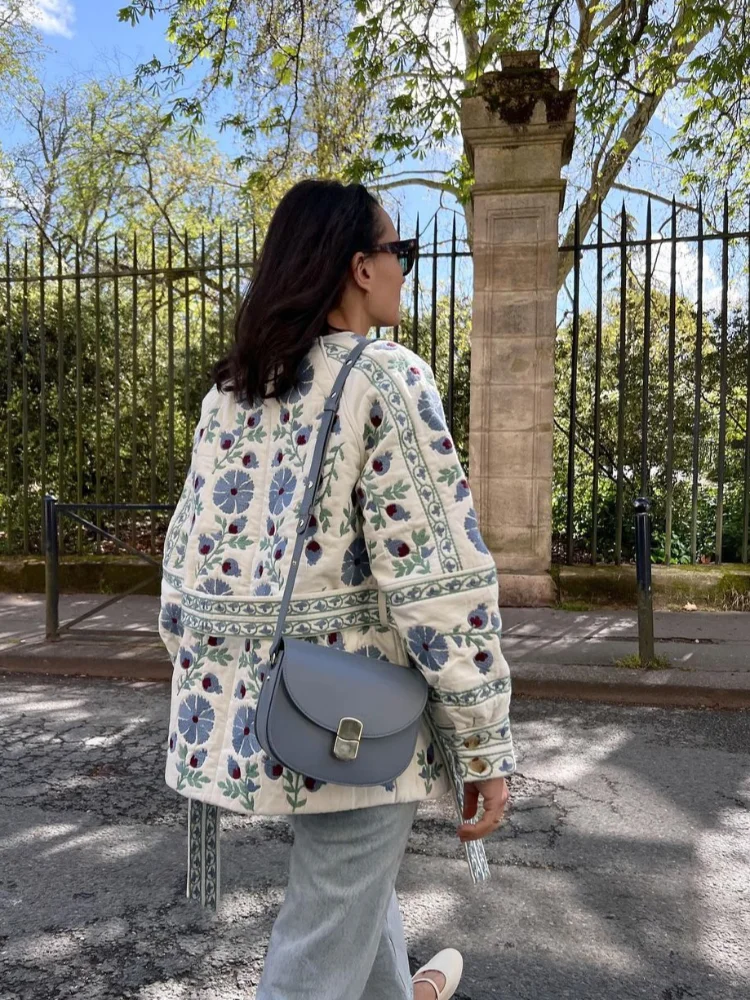 Chaqueta de algodón con estampado Vintage para mujer, abrigos delgados de cuello redondo con cordones, prendas de vestir de calle, invierno, 2024