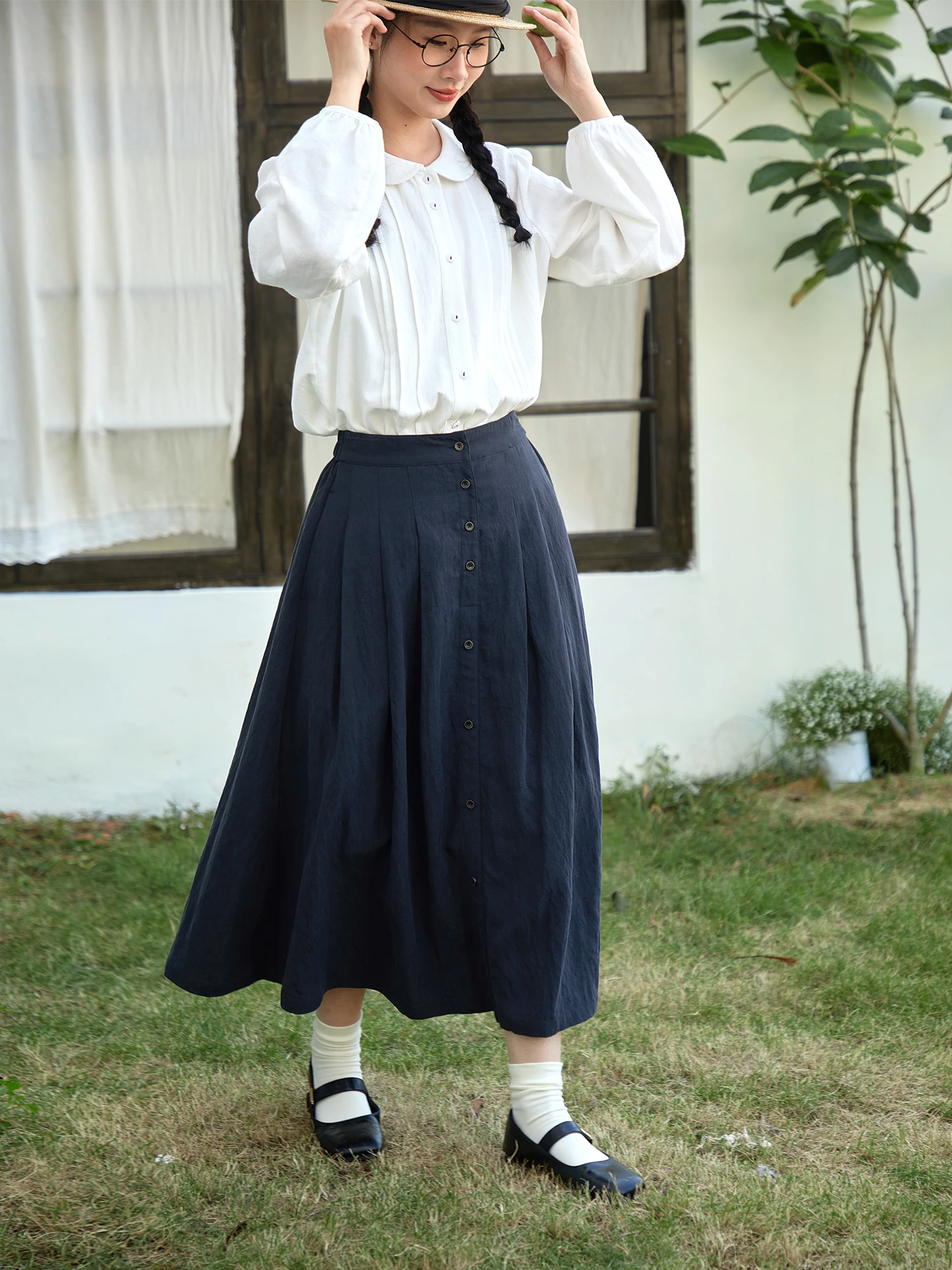Original Design High Waist A-Line  Skirt in Blue  with Elastic Waist for Women Vintage Style Casual Versatile Skirt