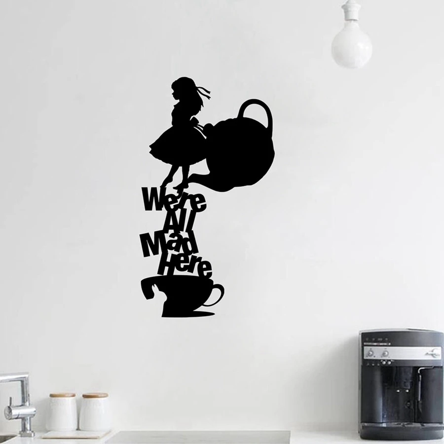 Alice's Adventures in Wonderland Vinyl Wall Sticker Kitchen Decor, We're All Mad Here Quote Wall Decals Dining Room Decoration