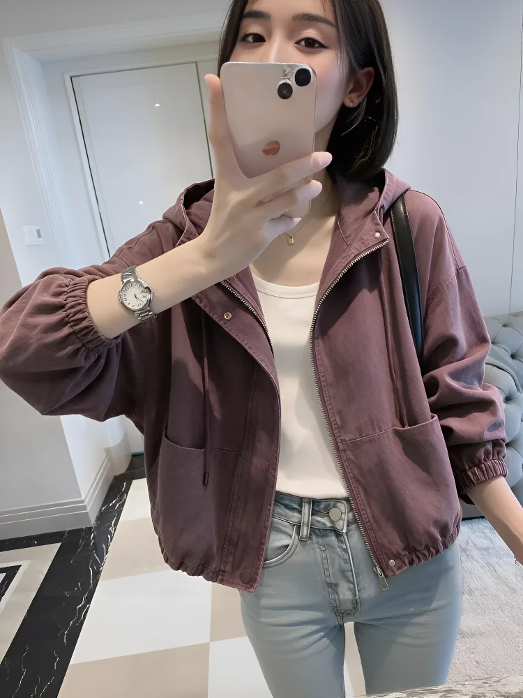Retro Washed Hooded Jacket Women's Design Spring New Loose Fit Short Outerwear Cotton Commute Style Zipper Decorated Long Sleeve
