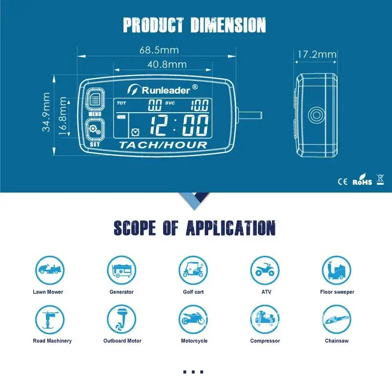 Inductive Tachometer Gauge Alert RPM Engine Hour Meter Backlit Meters ATV for Tacho Hour Resettable Mower Motorcycle Lawn
