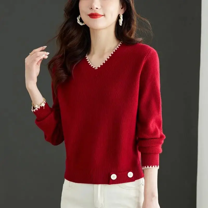 Autumn Winter Women\'s Solid Color V-Neck Pullover Button Long Sleeve Screw Thread Sweater Knitted Elegant Office Lady Tops