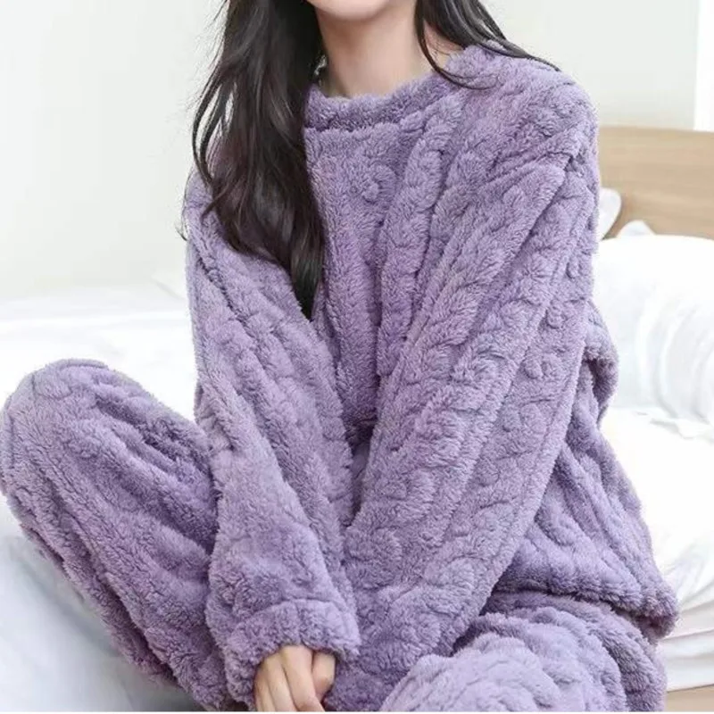 Otoño Invierno suelto dulce Casual pijamas conjunto de mujer de lana gruesa de manga larga Top hogar cintura elástica pantalones largos pantalones