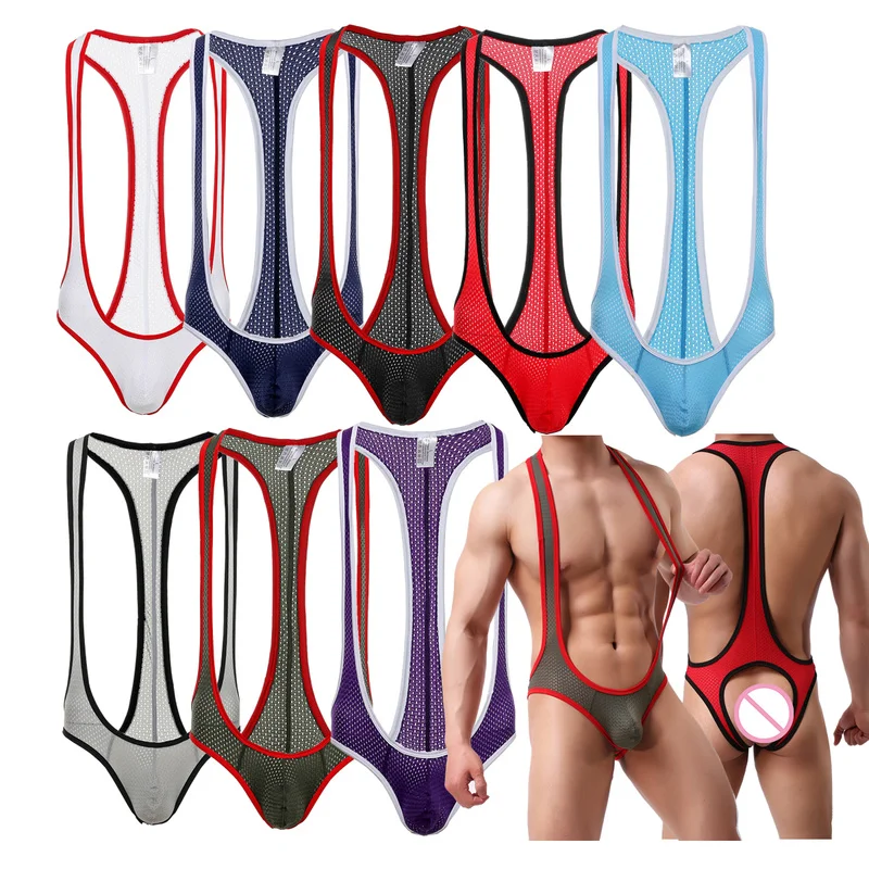 Sexy Mens Undershirts Leotard Jockstrap Mesh Transparent Jumpsuits Wrestling Singlet One-piece Bodysuits Backless Gay Underwear