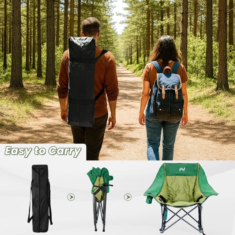 كرسي تخييم هزاز كبير الحجم للبالغين - كرسي حديقة خارجي مبطن بالكامل قابل للطي مع جيب جانبي، كرسي محمول