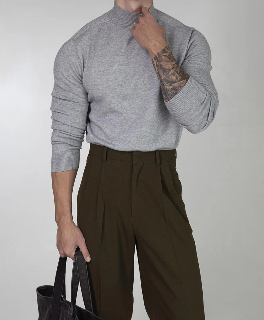 

Мужской вязаный свитер с высоким воротником из эластичной пряжи, облегающий, шерстяной базовый слой, теплый, модный, молодежный, для зимы