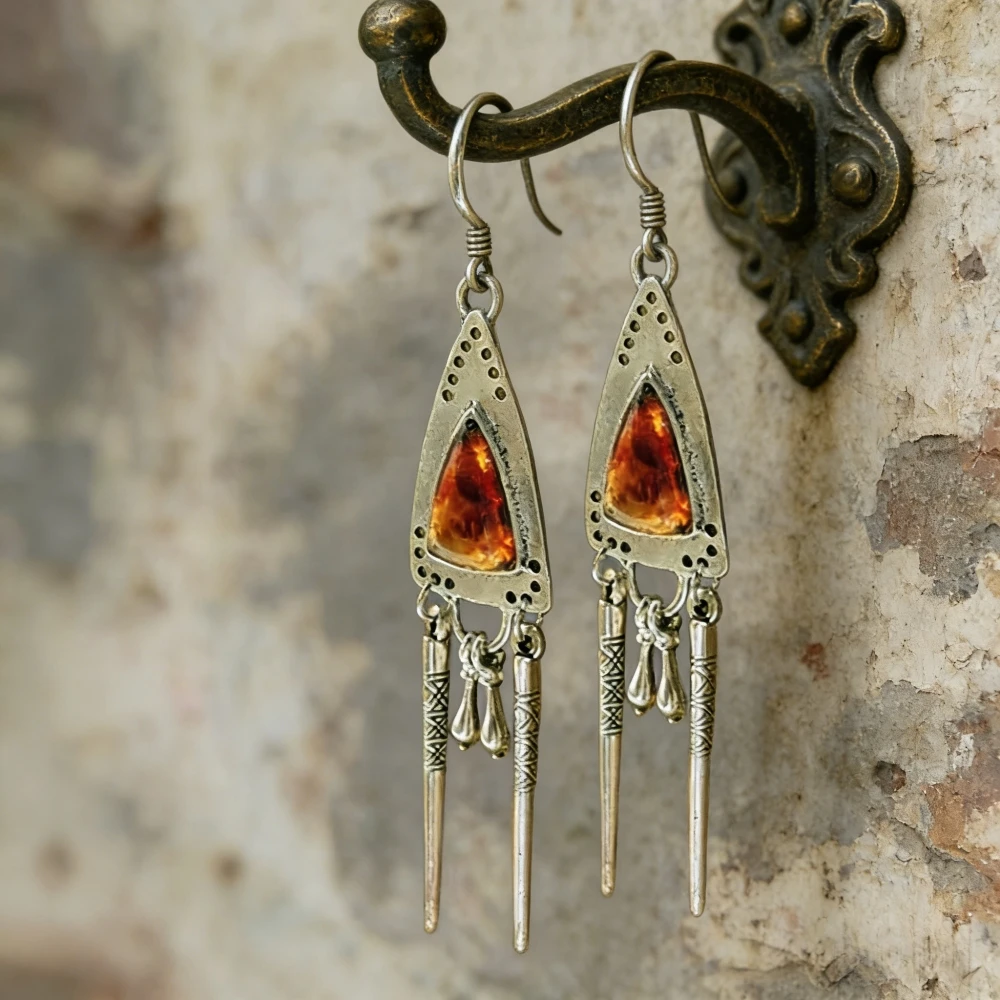 Triangle Dangle Earrings For Women Vintage Tribe Ethnic Handmade Tassel Inlay Amber Stone Eardrop Earring Female Wedding Jewelry