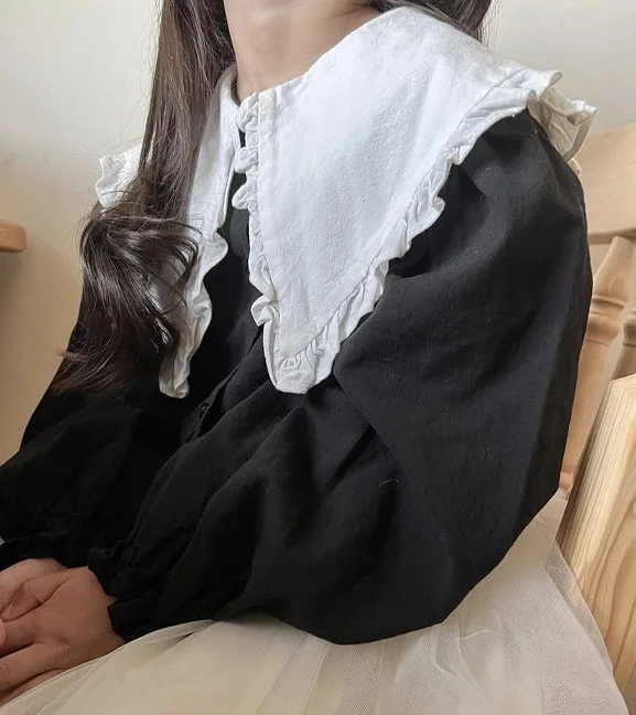 

Blouses Girl Spring Autumn Black White Splicing Lotus Leaf Edge Collar Causal Long Sleeves Shirt Cotton Hemp Tops 2025