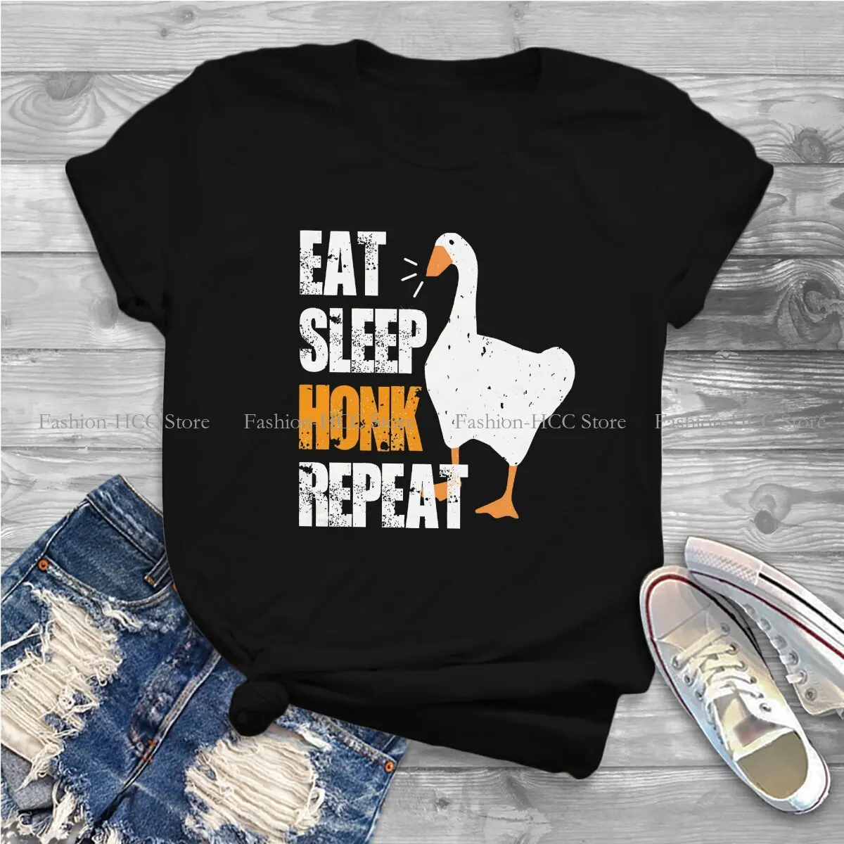 Eat Sleep Honk Repeat Fitted Newest Polyester TShirts Untitled Goose Game Women Graphic Streetwear T Shirt Round Neck