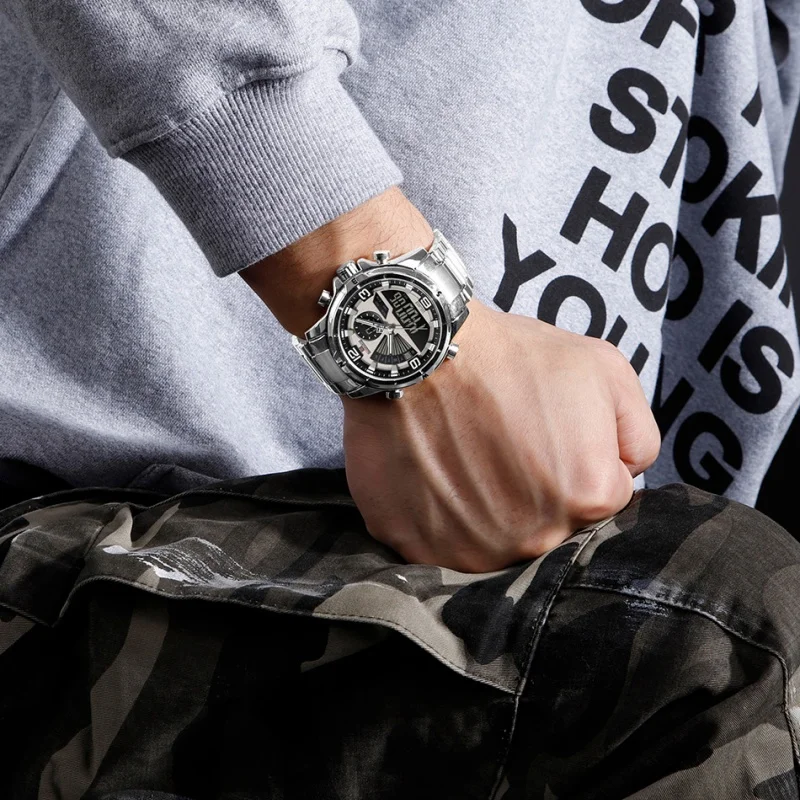 

NAVIFORCE Мужские многофункциональные часы с двойным дисплеем и датой, ремешок для часов из нержавеющей стали, светодиодный режим, водонепроницаемые часы 3ATM