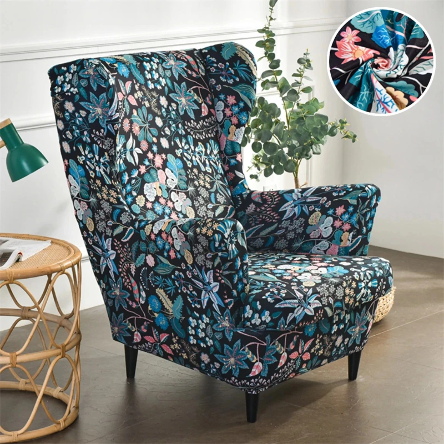 Bohemian Style Floral Print Wing Chair Cover - Elastic Single Sofa Slipcover - Anti-dirty Spandex Armchair Protector Cover