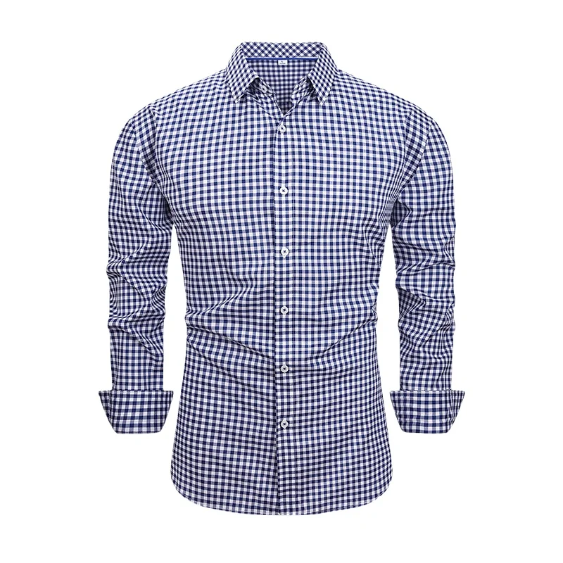 Spring Autumn Men's Elastic Casual Plaid Shirt Retro Long Sleeve Slim Fit Breathable Checkered Shirt Jacket