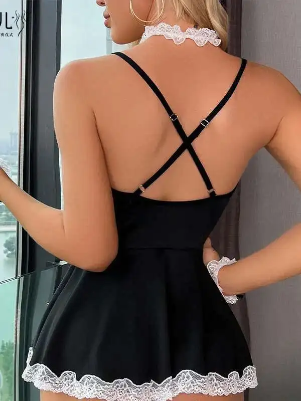 Seksowna elastyczna kamizelka z perspektywą Hollow Lace Edge Fit And Flare Dresses Korean Style Soft Girl Off Shoulder V Neck Dress A5