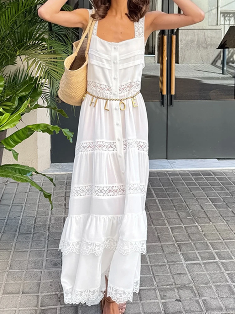 Senhora cintura alta cor sólida vestido de noite verão rendas oco para fora bohe maxi vestido causal sem mangas plissado praia férias vestido