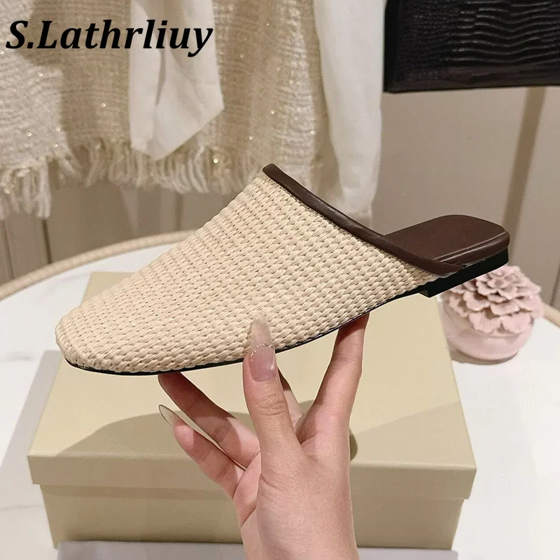 Slippers for women in the summer of 2026 woven rattan toe flat slippers mules casual simple beach travel comfortable sandals
