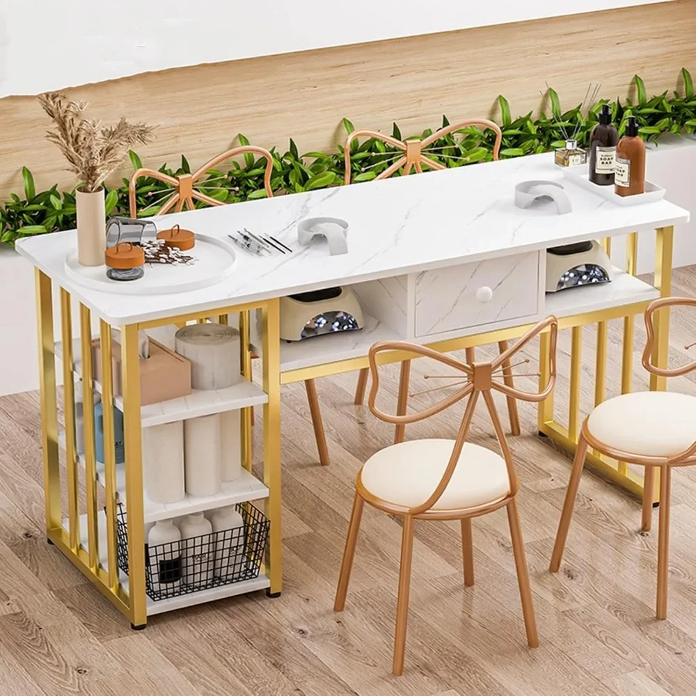 

Manicure Table Nail Desk Marbling Texture Manicure Desk with Multi Open Shelves and Drawers, Nails Tech Desks for Beauty Salon S
