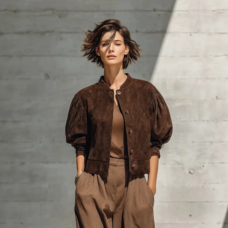 Europe, America and Foreign Trade Autumn and Winter New Women's Clothing Casual Fashion Suede Pleated Slim Jacket Pleated Jacket
