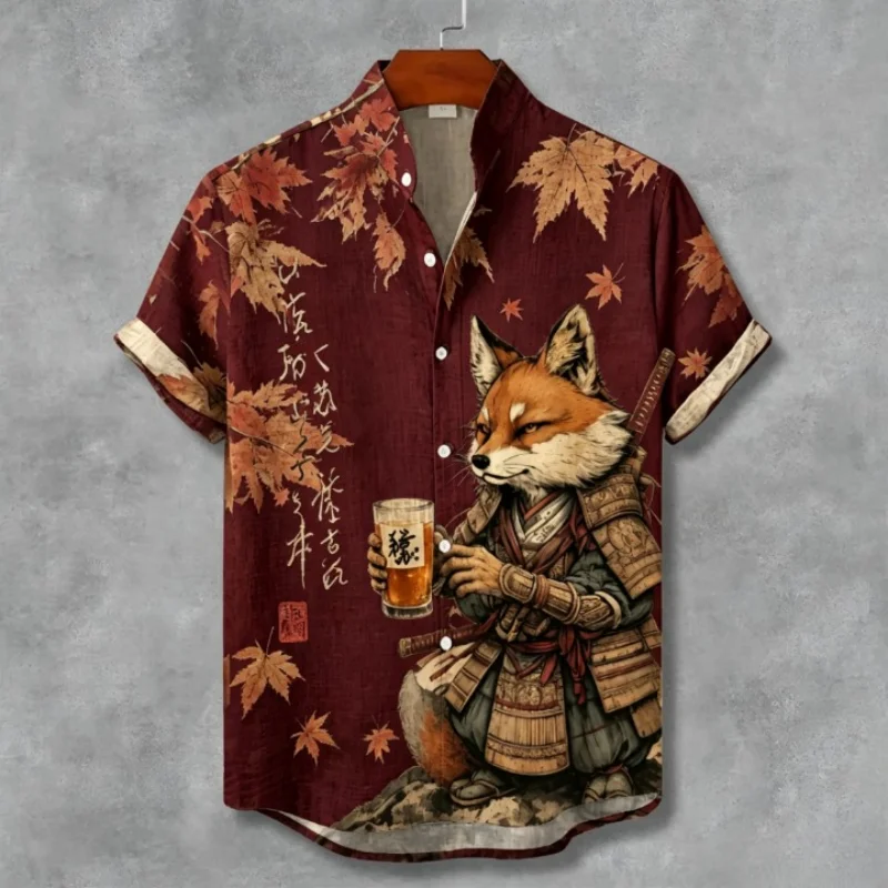 Summer Holiday Men's Shirt Vintage Ukiyo-E Samurai Fox Print Short Sleeve Stand Collar Button Down Casual Hawaiian Tops Tunics
