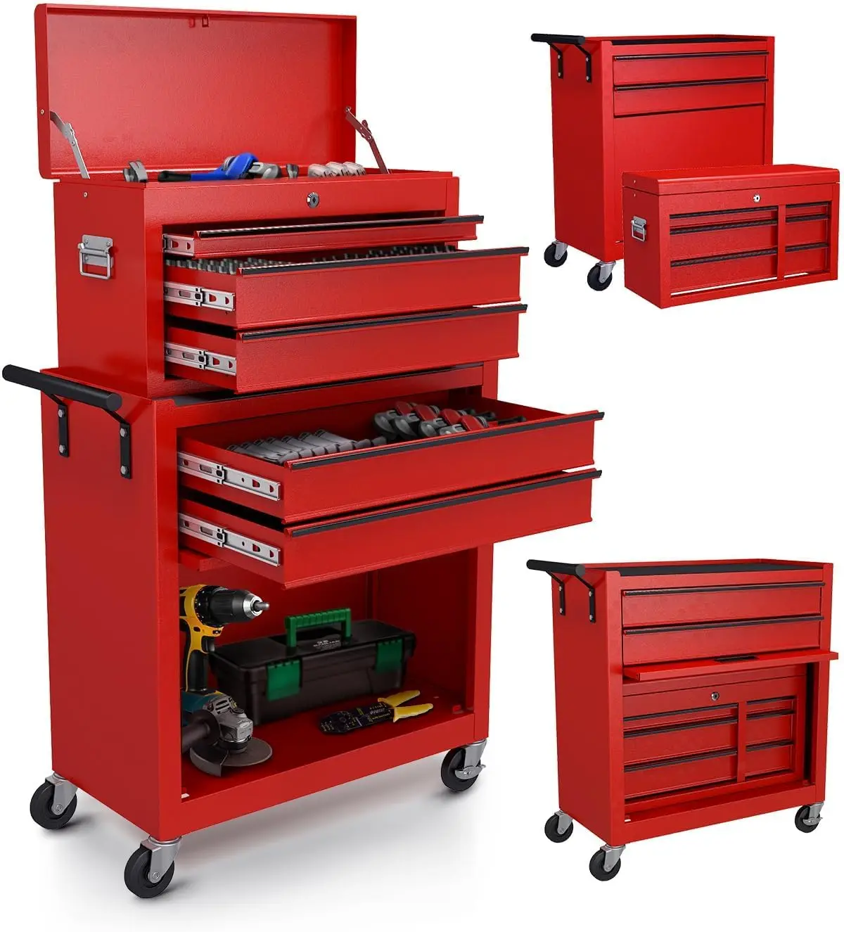 Tool Chest Cart, 5 Drawers Tool Chests & Cabinets Cart with Wheels and Locking System, 2-in-1 Detachable Top Tool Box