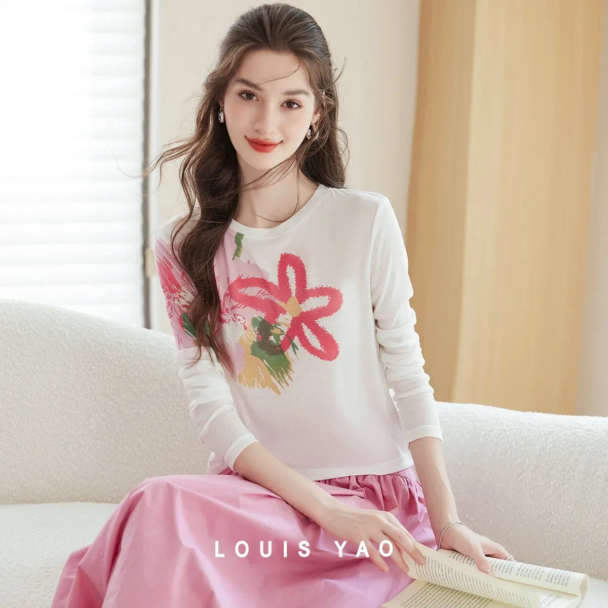 

LOUIS YAO Sweet Pattern Knitted Long-Sleeve Tees 2025 Autumn New Tops Contrast Color Round Neck Women's T-Shirt Chic