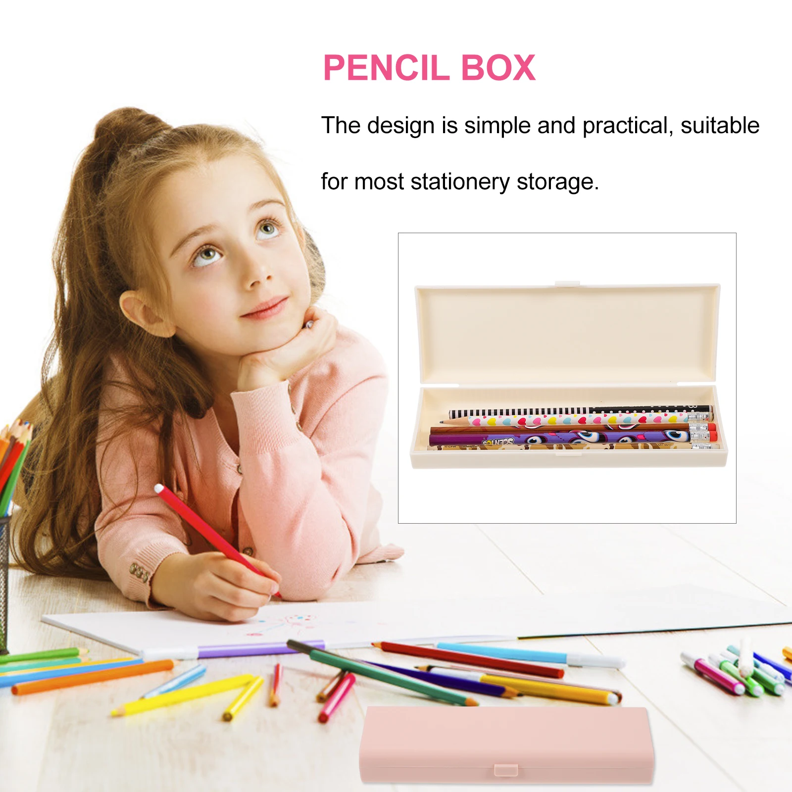 

Portable Pink Plastic Stationery Box Large Capacity Pencil Case Pen Storage School Supplies Material Round Edges Non