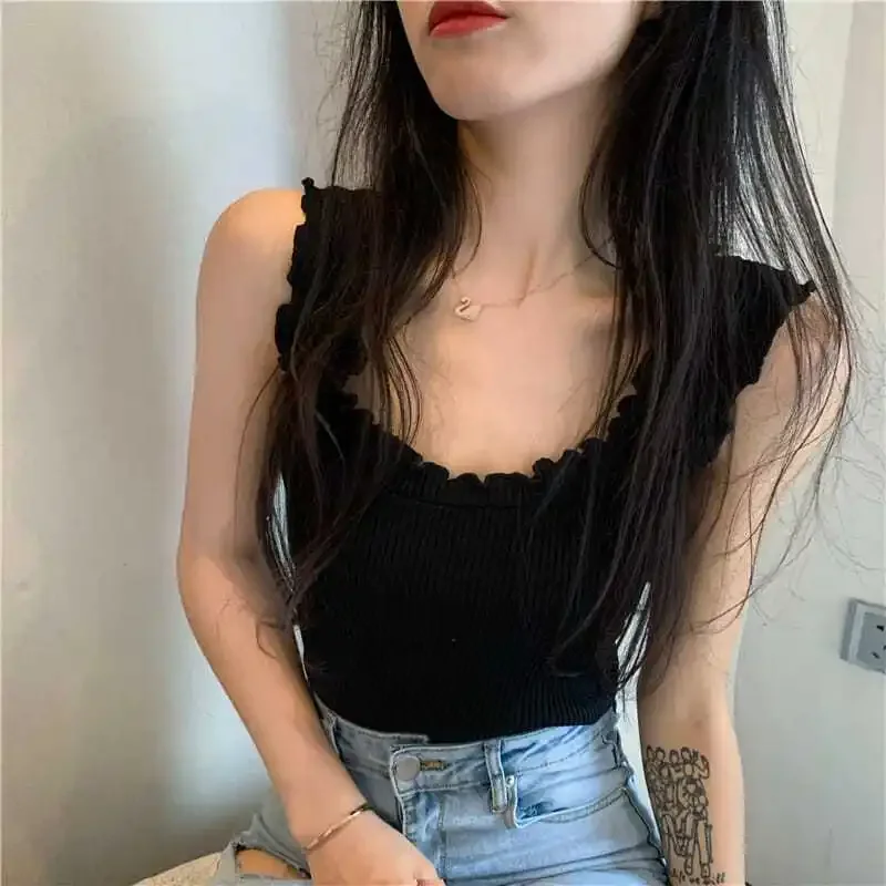 ต้นไม้กินได้เชื้อราเสื้อผู้หญิงถักน่ารักน่ารักนักเรียน All-Match ฤดูร้อนเสื้อผ้า Preppy สไตล์เกาหลีแขนกุด