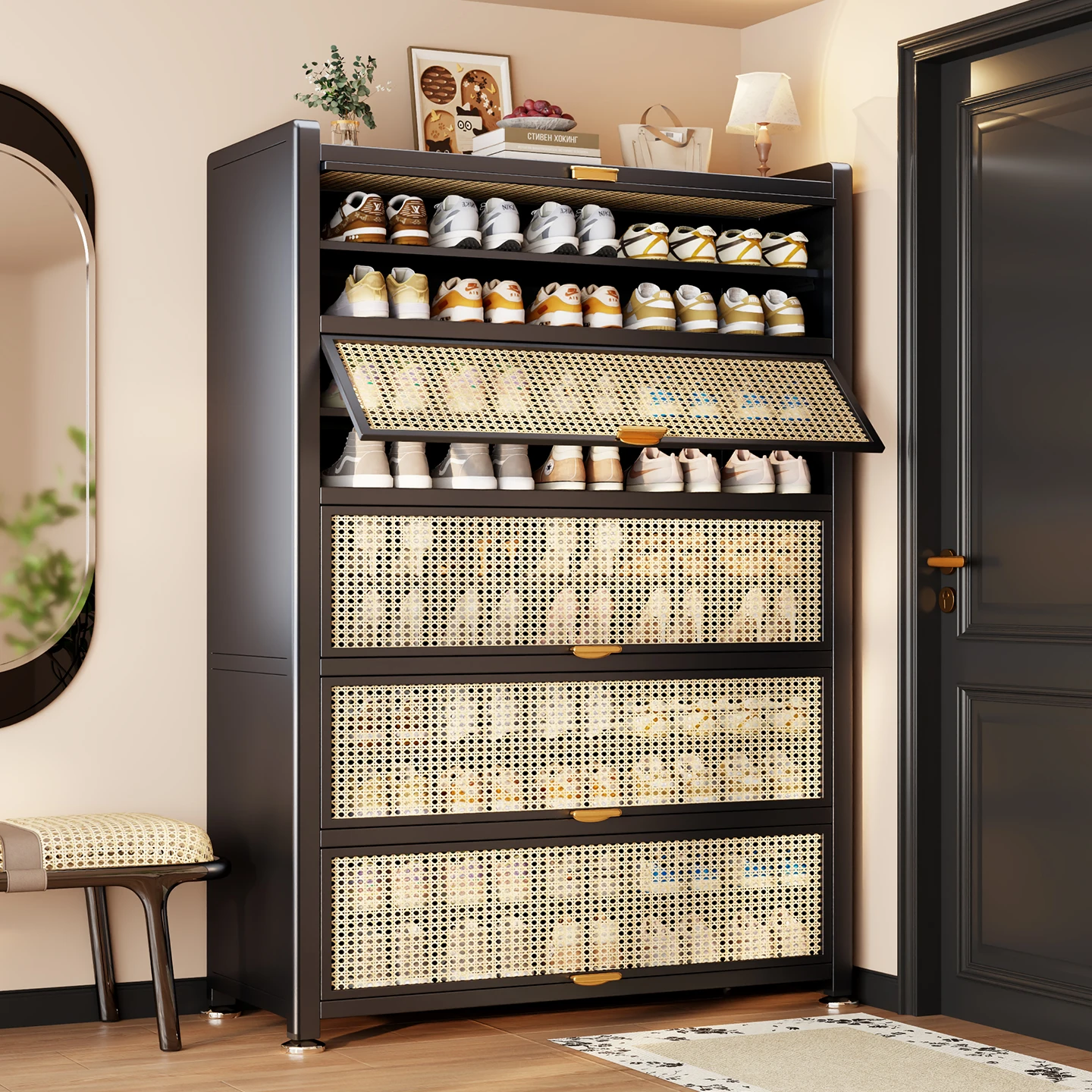 Steel rattan shoe cabinet, integrated at door of the home, against the wall to enter  home, large-capacity storage,