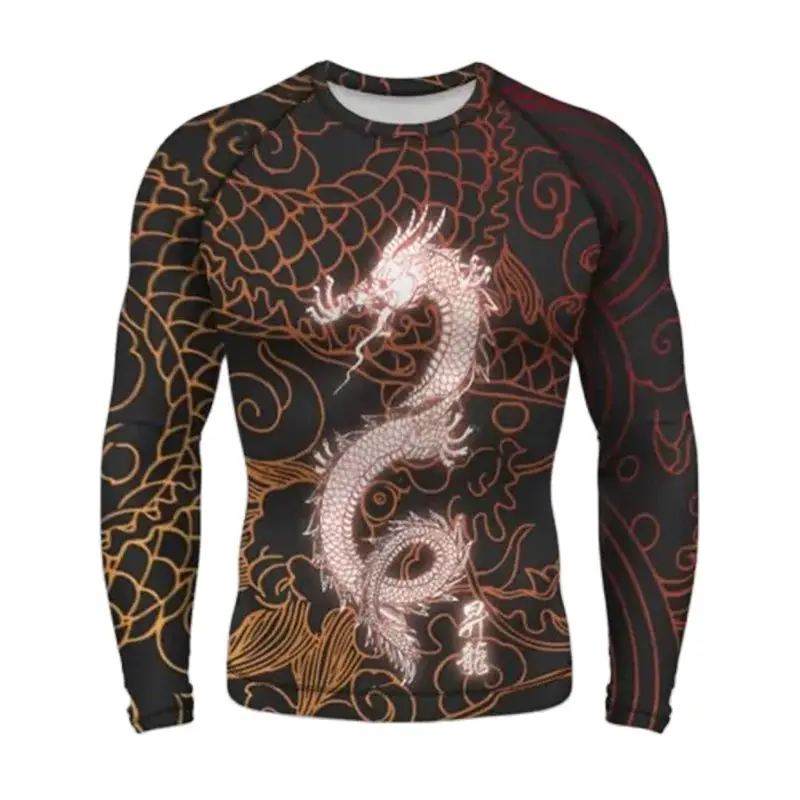 Men Long Sleeved Chinese Dragon Round Neck Cartoon 3D Harajuku Printed Fashionable And Personalized Oversized Loose T-shirt Top