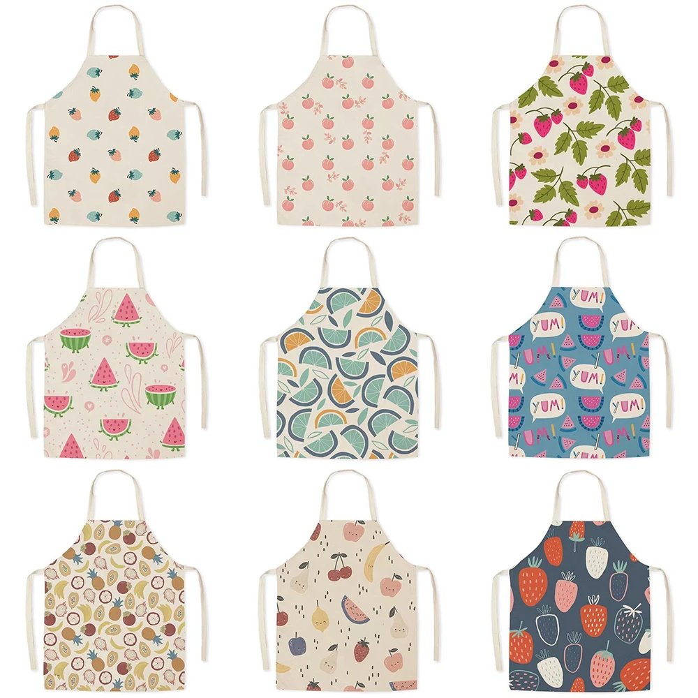 Fruit Adult Linen Sleeveless Apron Cartoon Cute Strawberry Pattern Kitchen Cooking Baking Bib Housework Cleaning Men\'s Apron