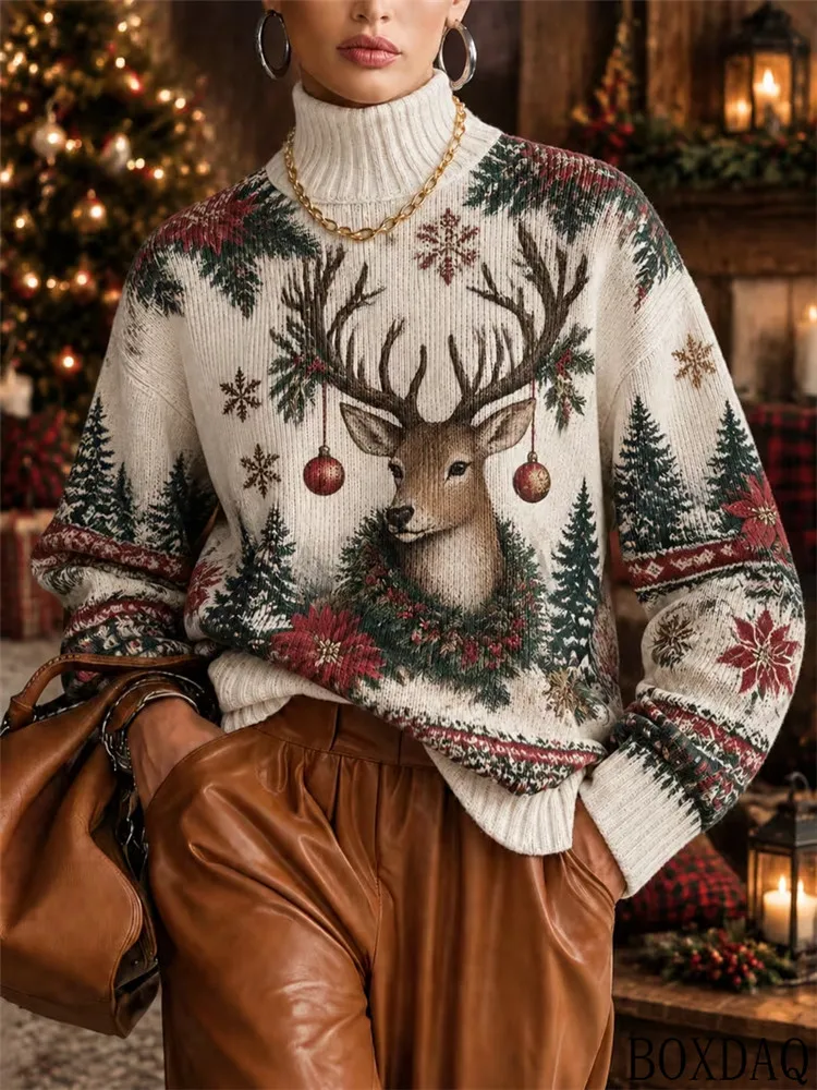 Autumn Winter Women's High Neck Knitted Shirts Christmas 3D Skeleton Elk Print Long Sleeve Pullover Christmas Casual Ladies Tops