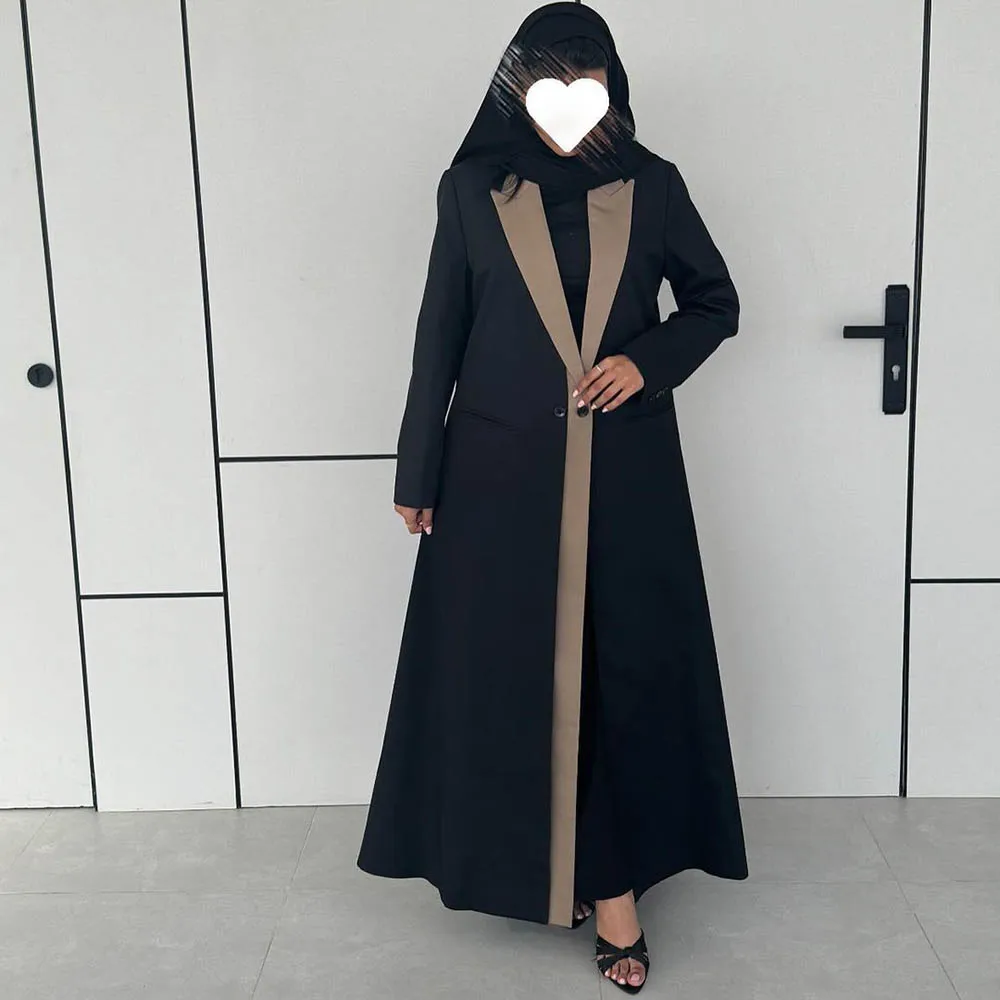 Elegante blazer da donna nero Dubai monopetto con risvolto a punta capispalla lungo Abaya musulmano su misura abbigliamento femminile di alta qualità